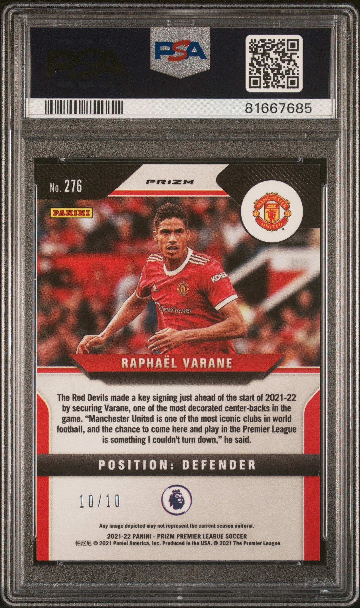 RAPHAEL VARANE GOLD MOJO PRIZM 10/10 PSA MINT 9 | 2021 PANINI PRIZM PREMIER LEAGUE SOCCER CARDS