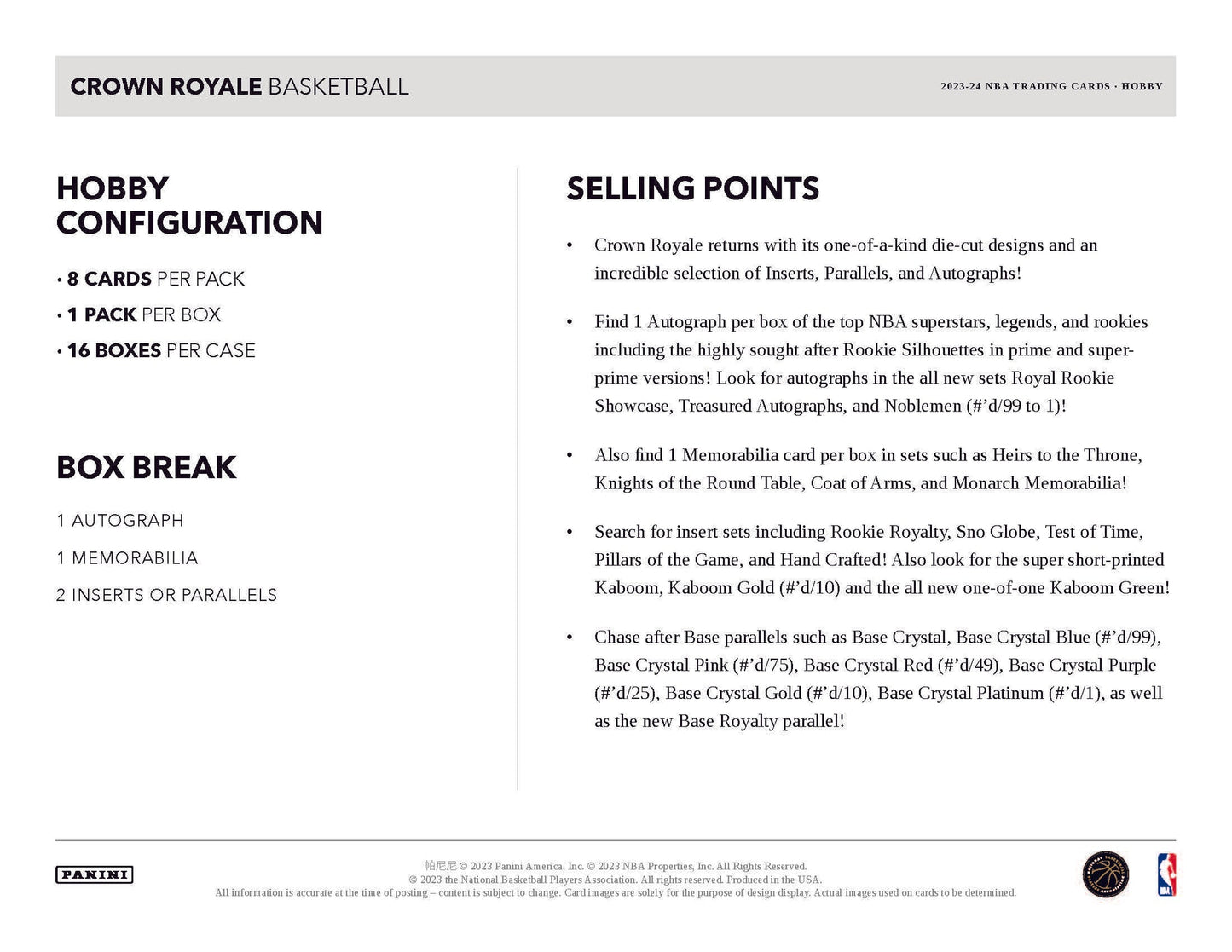 2023-24 Panini Crown Royale NBA Basketball Hobby