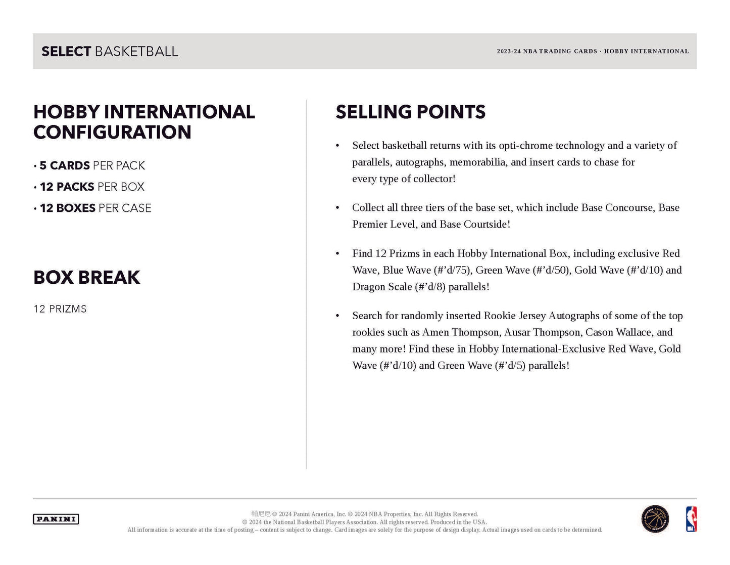 2023-24 Select Basketball Hobby International Box