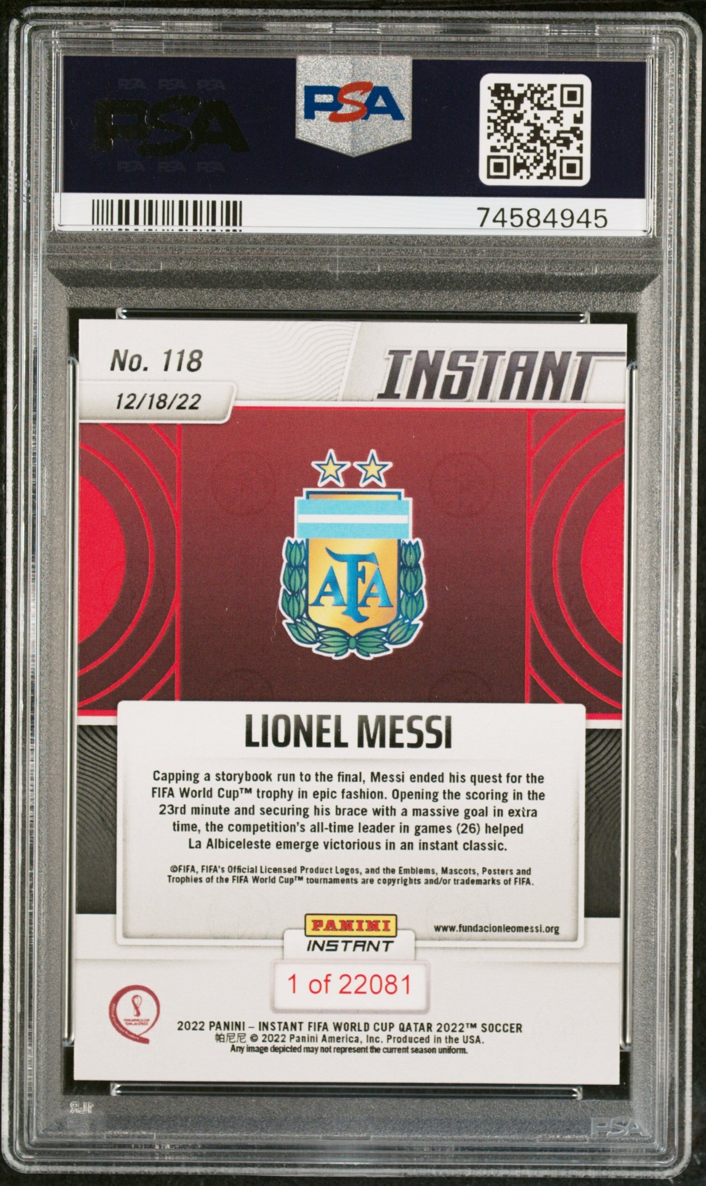 LIONEL MESSI PSA GEM MT 10 | PANINI INSTANT FIFA WORLD CUP QATAR SOCCER CARDS