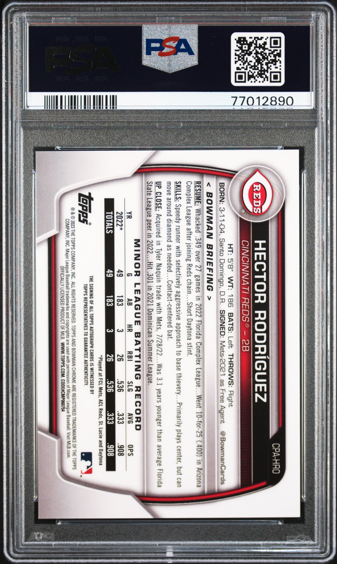 HECTOR RODRIGUEZ CHROME PROSPECT AUTO PSA GEM MT 10 | 2023 BOWMAN CHROME PROSPECT AUTOGRAPHS BASEBALL CARDS