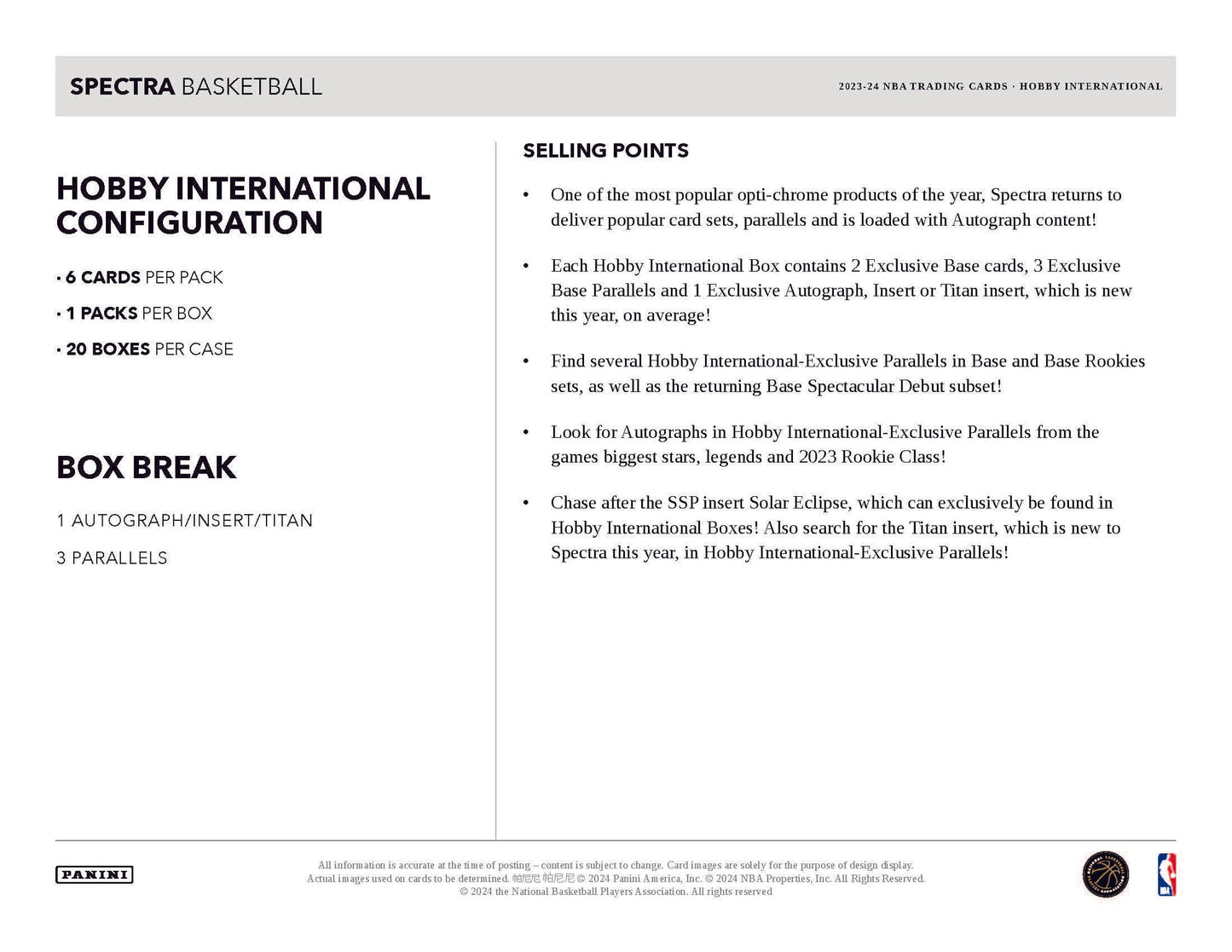 2023-24 Panini Spectra Basketball Hobby International Box