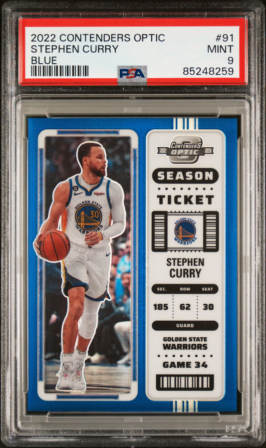 STEPHEN CURRY BLUE TICKET /99 PSA MINT 9 | PANINI CONTENDERS OPTIC BASKETBALL CARDS