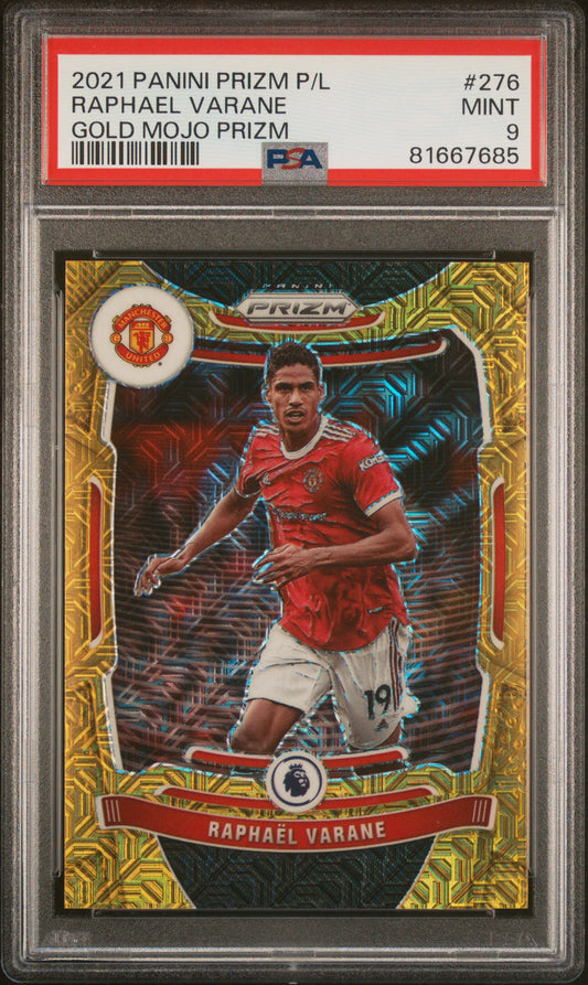 RAPHAEL VARANE GOLD MOJO PRIZM 10/10 PSA MINT 9 | 2021 PANINI PRIZM PREMIER LEAGUE SOCCER CARDS