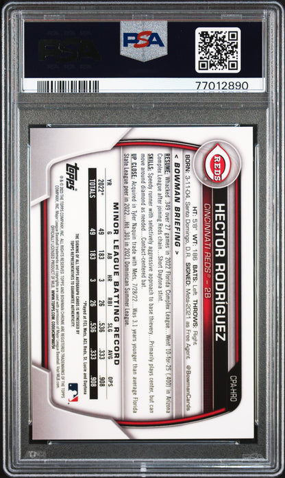 HECTOR RODRIGUEZ CHROME PROSPECT AUTO PSA GEM MT 10 | 2023 BOWMAN CHROME PROSPECT AUTOGRAPHS BASEBALL CARDS
