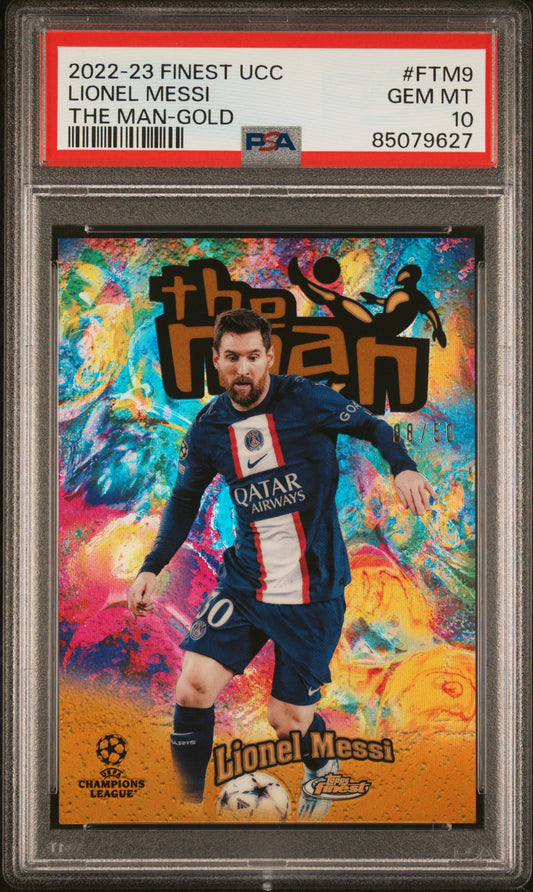 LIONEL MESSI /50 THE MAN-GOLD GEM MT 10 | 2022-23 TOPPS FINEST UEFA CLUB COMPETITIONS THE MAN